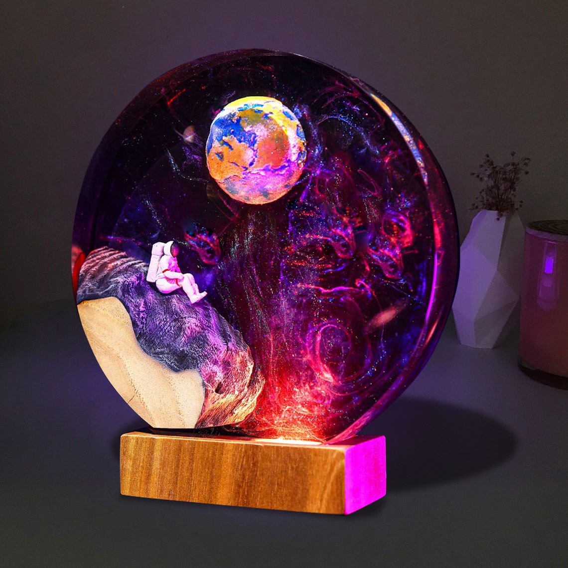 Space Galaxy Astronaut Resin Wood Art Lamp