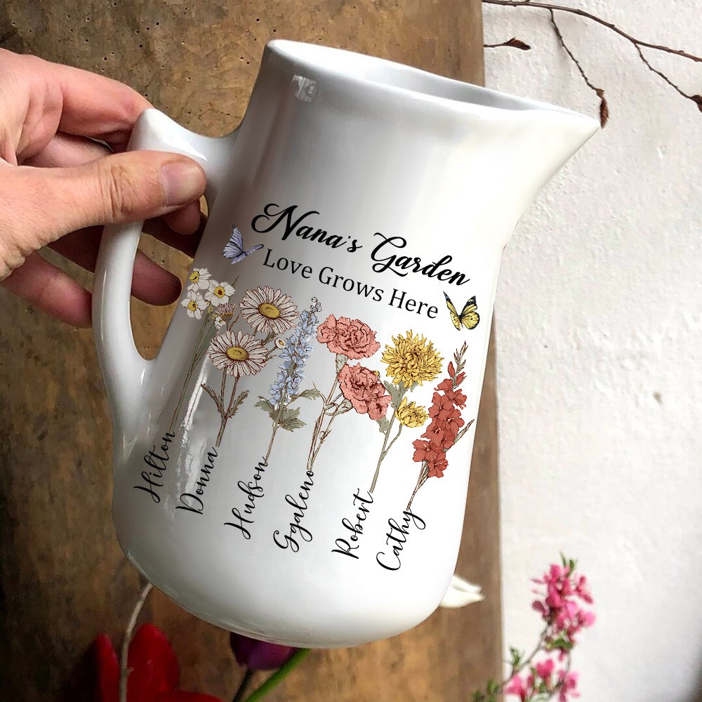 Custom Nana's Garden Birth Flower Vase with Kids Names For Christmas Gift Ideas