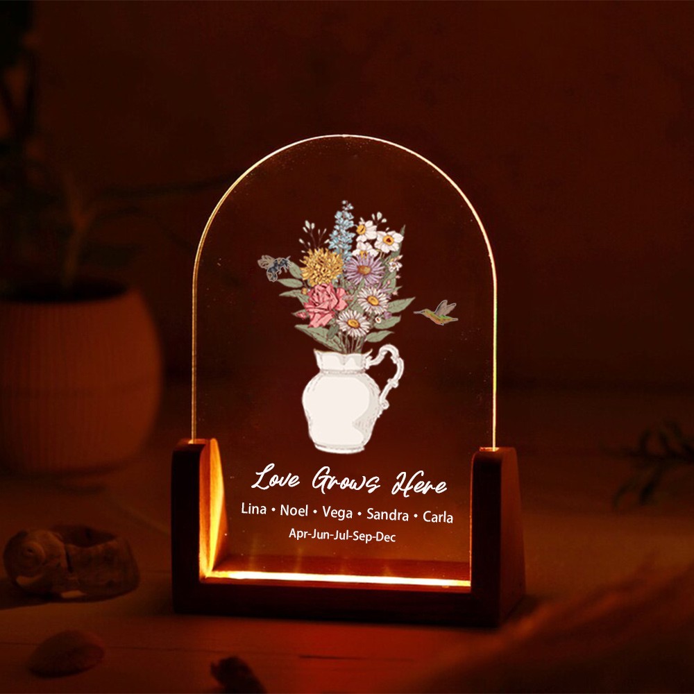 Custom Birth Flower Bouquet Acrylic Led Night Light For Mom Grandma Christmas Gift