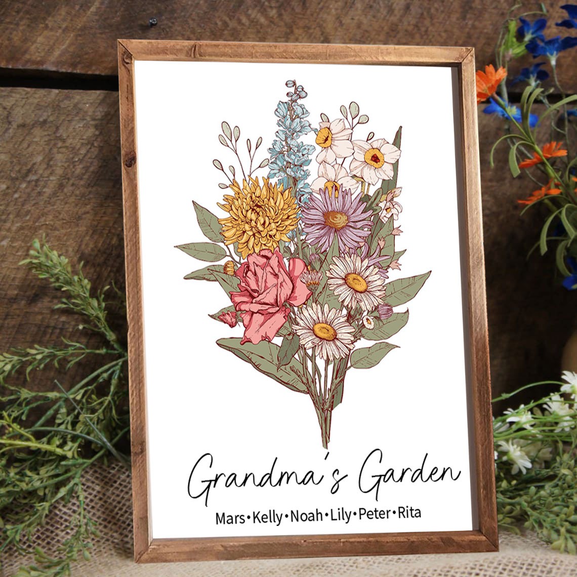 Custom Grandma's Garden Birth Flower Bouquet Frame with Kids Names For Christmas Gift Ideas