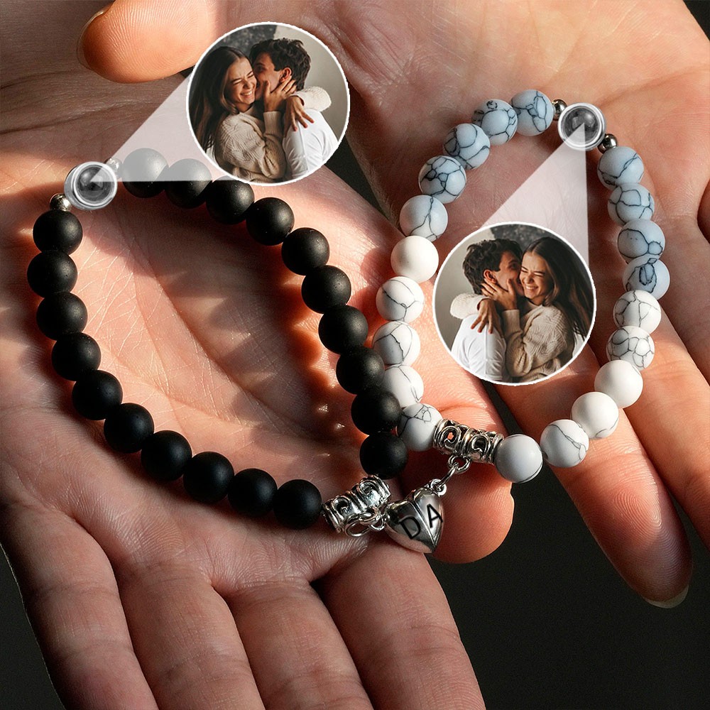 Custom Beaded Photo Projection Bracelet With Heart Initial Magnetic Pendent For Soulmate Anniversary