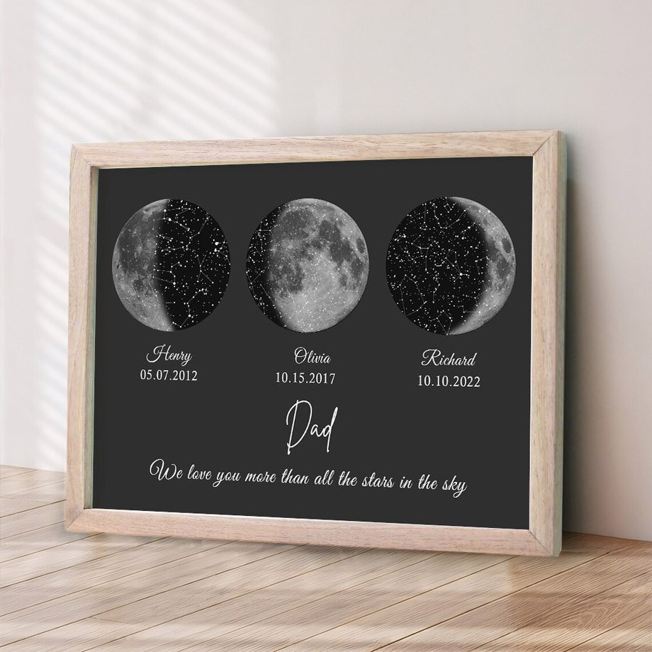 Custom Dad's Galaxy Moon Phase Print Frame With Kids Names For Father's Day Gifts