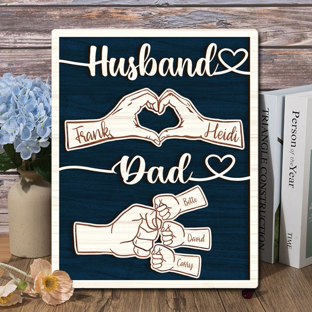 Personalized Fist Bump Dad Husband Wood Sign With Kids Name For Father's Day Gift