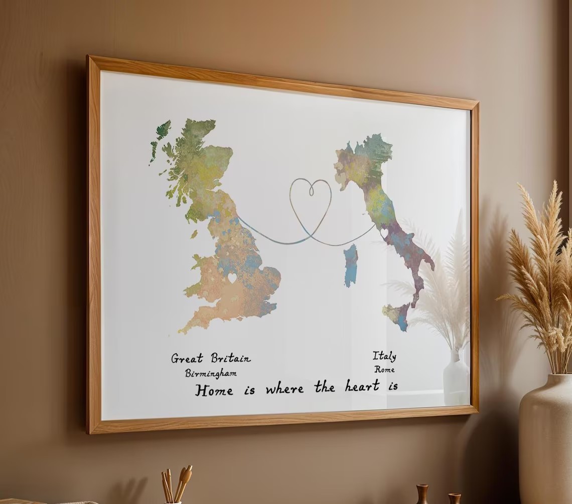 Personalized Two Countries Location Map Wooden Sign Gift For Valentine's Day Wedding Anniversary Birthday