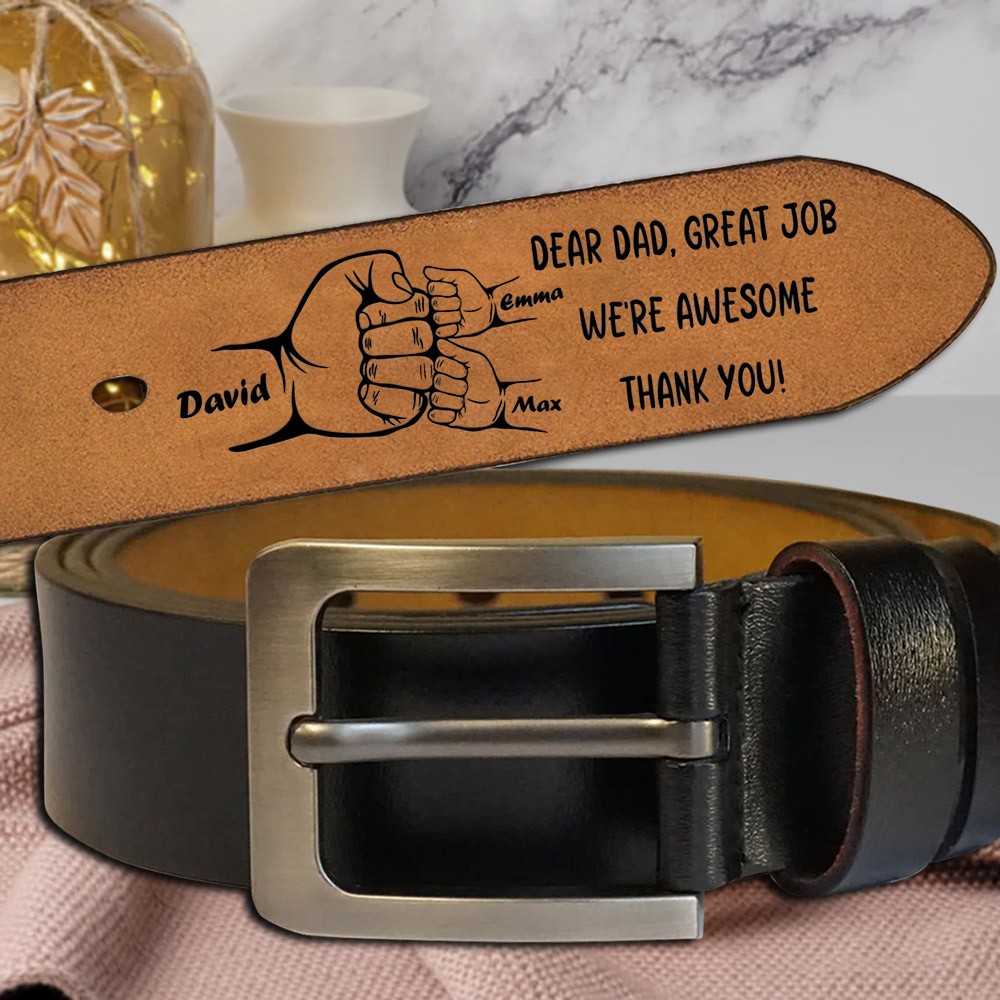 Personalized Engraved Leather Belt with Fist Bump for Father's Day Gift