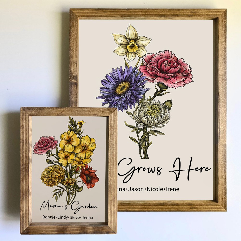 Custom Birth Flower Bouquet Frame with Kids Names For Mom Grandma Family Christmas Gift