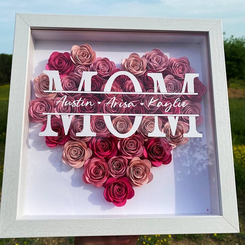 Personalized Mom Flower Shadow Box with Kids Names For Mother's Day Gift