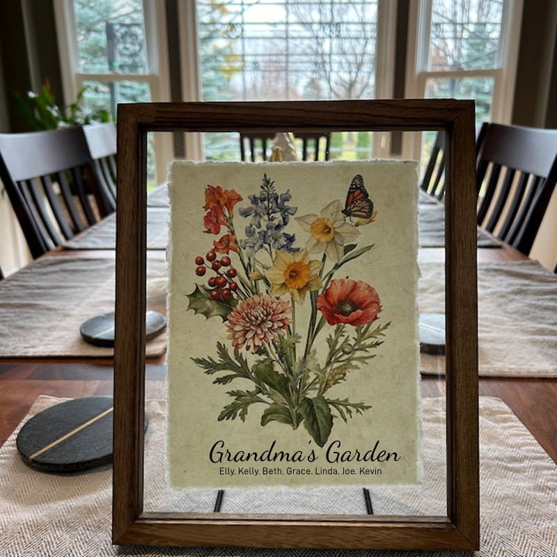 Custom Grandma's Garden Birth Flower Family Bouquet Frame Antique Home Art For Christmas Gift