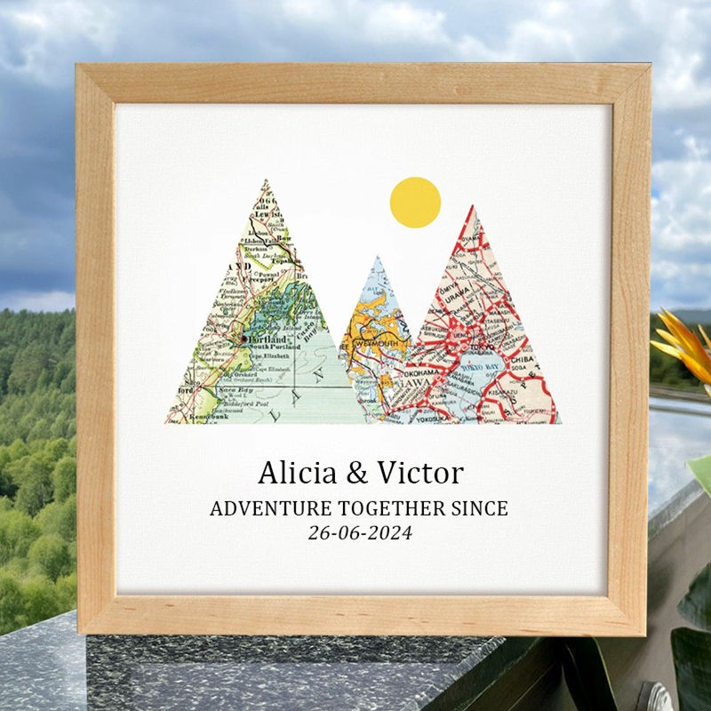 Personalized Mountain Adventure Travel Map Frame Unique Gift For Couple Valentine's Day Anniversary