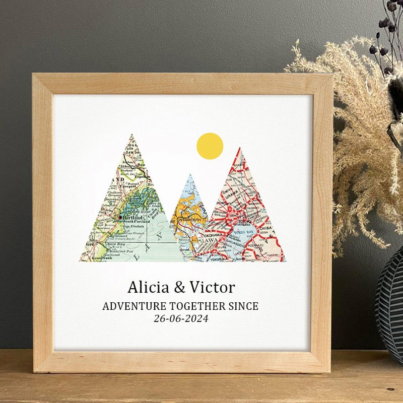 Personalized Mountain Adventure Travel Map Frame Unique Gift For Couple Valentine's Day Anniversary