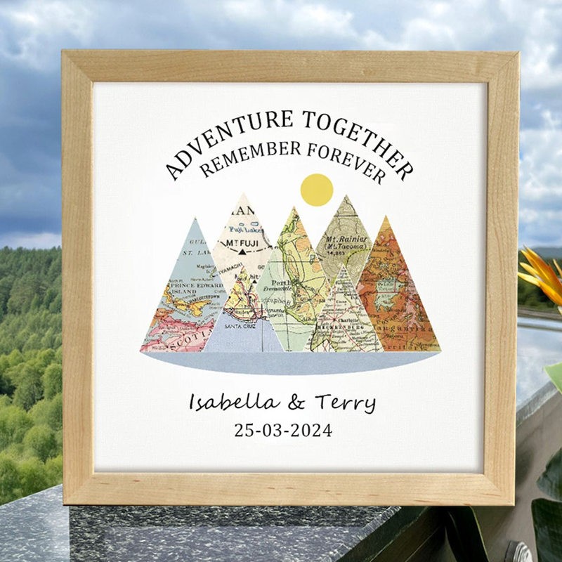 Personalized Mountain Adventure Travel Map Frame Unique Gift For Couple Valentine's Day Anniversary