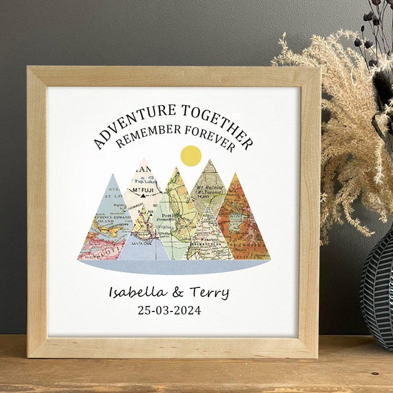 Personalized Mountain Adventure Travel Map Frame Unique Gift For Couple Valentine's Day Anniversary