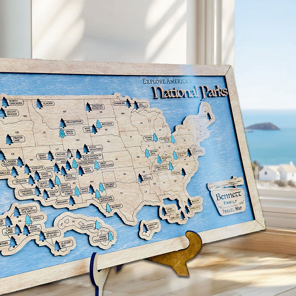 Personalized Wooden USA National Parks Travel Map Family Gift For 5th Anniversary for Hiker Nature Lovers