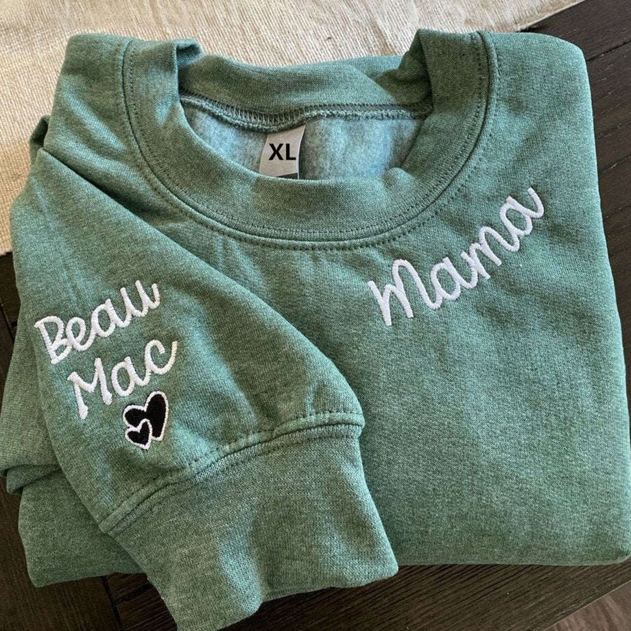 Custom Embroidered Mama Sweatshirt with Kids Names on Sleeve For Christmas Gift