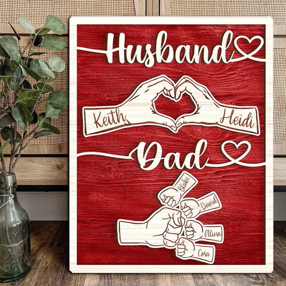 Personalized Fist Bump Dad Husband Wood Sign With Kids Name For Father's Day Gift