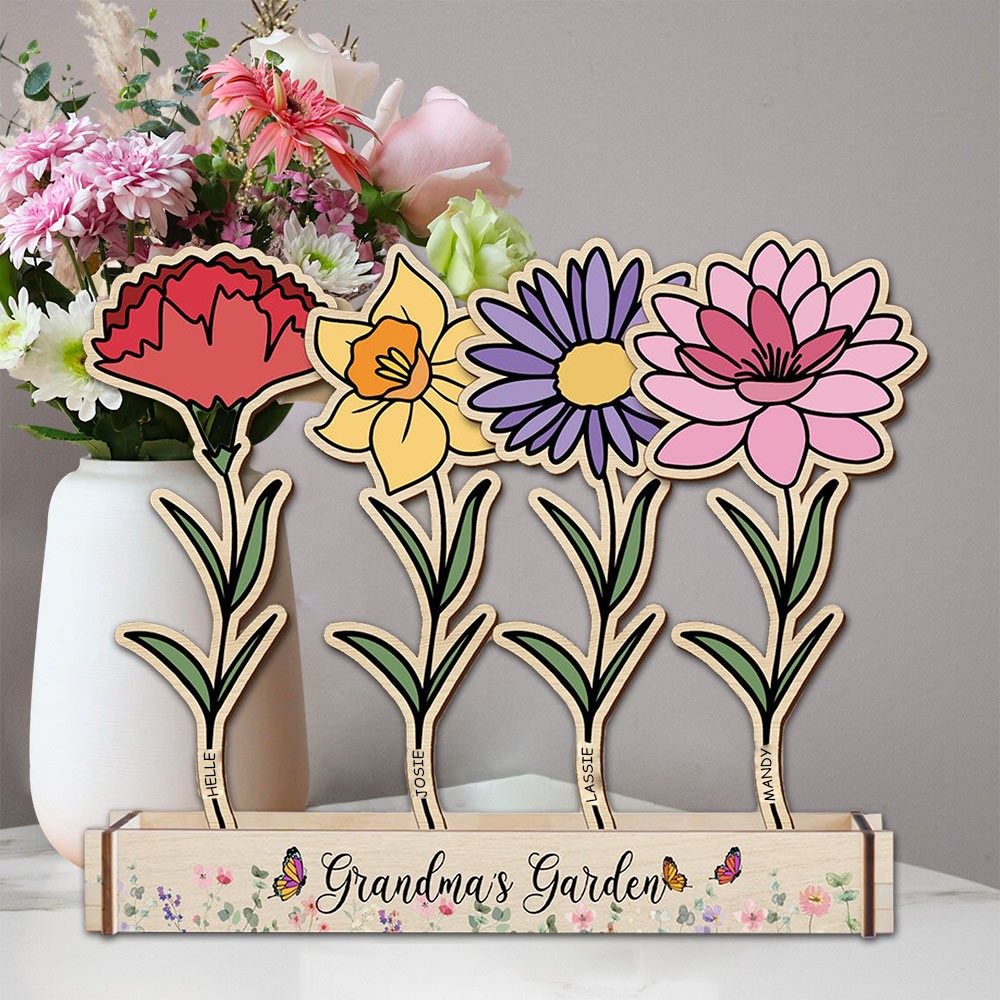 Custom Wood Birth Flower Grandma's Garden Home Decor For Family Christmas Gift