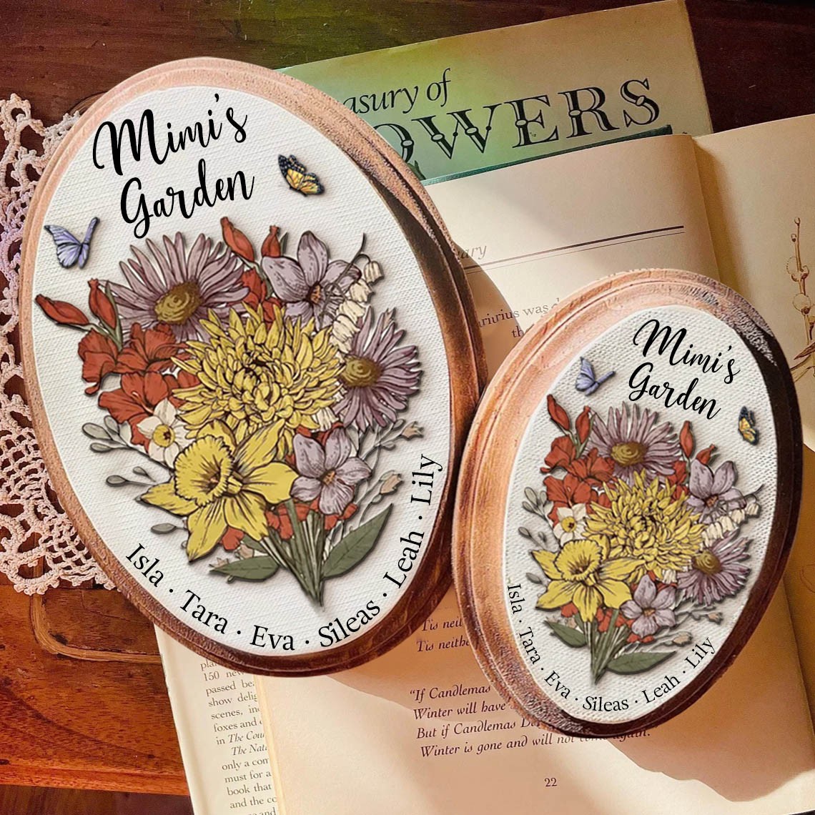 Personalized Mimi's Garden Birth Flower Bouquet Art Oval Wood Sign For Family Mom Grandma Christmas Gift