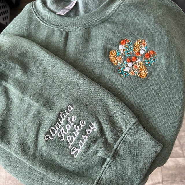 Custom Embroidered Floral Paw Print Sweatshirt For Dog Mom Pet Lover Gift