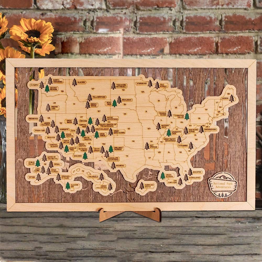 Personalized Wooden USA National Parks Travel Map Family Gift For 5th Anniversary for Hiker Nature Lovers