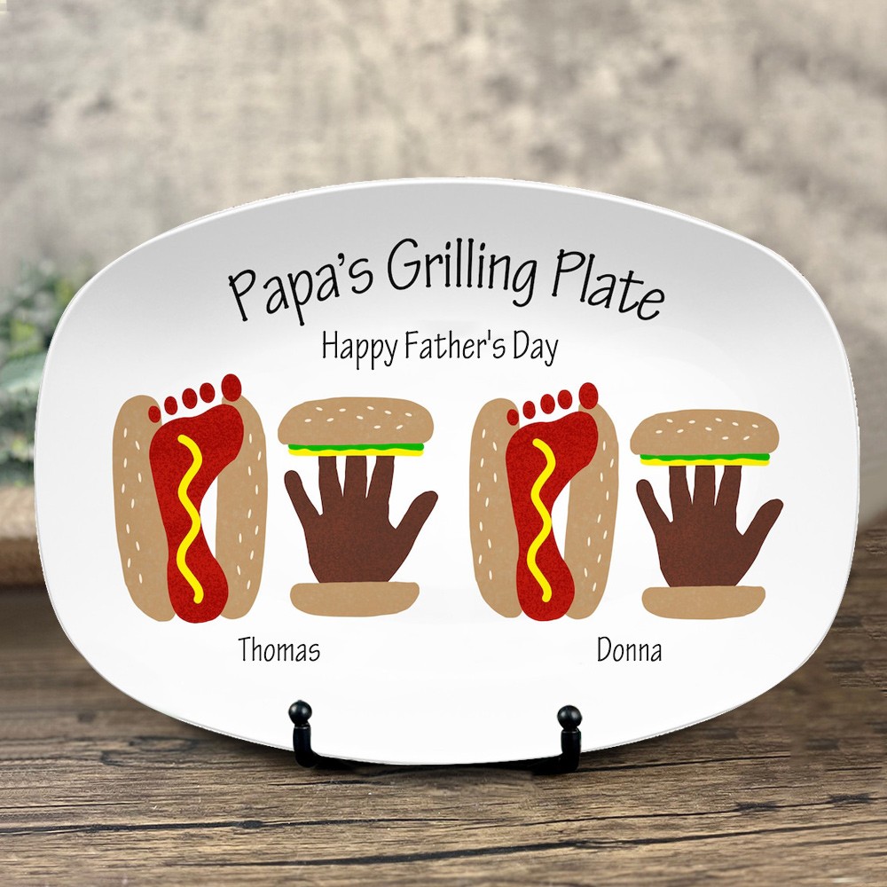 Personalized Burger Hot Dog Handprint Footprint Plate With Name For Father's Day