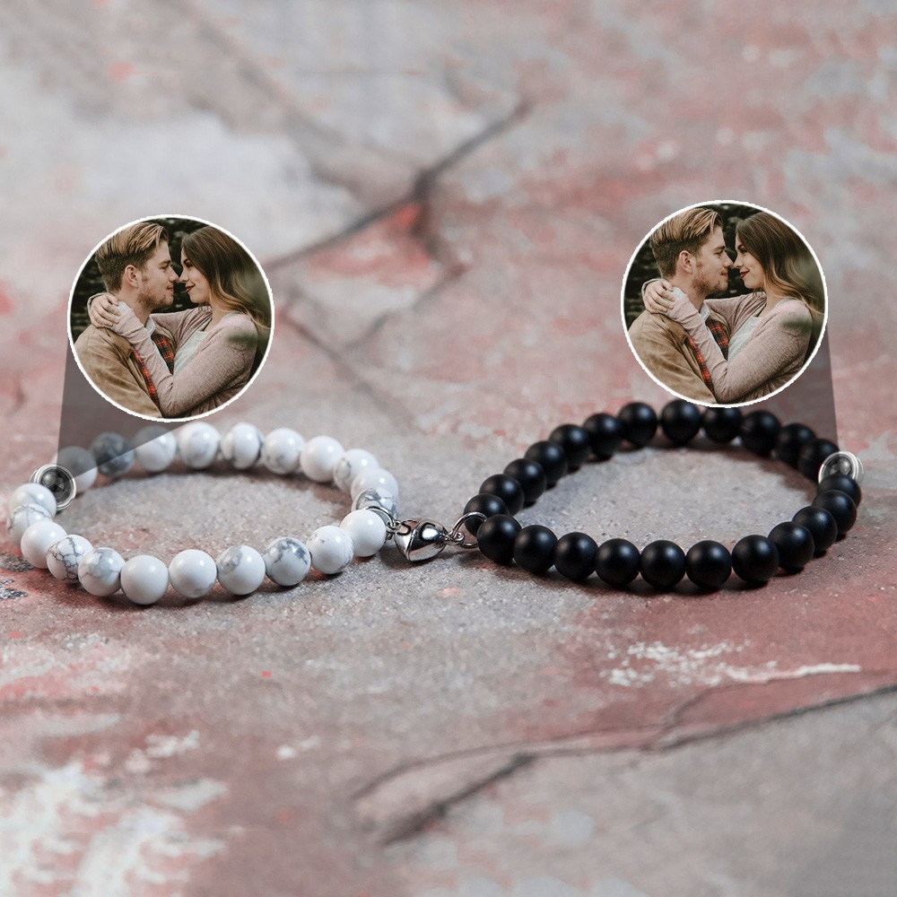 Personalized Set Heart Magnetic Bracelets With Hidden Photo Projection For Wedding Gift Ideas