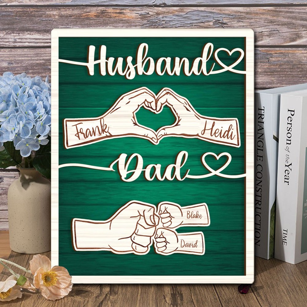 Personalized Fist Bump Dad Husband Wood Sign With Kids Name For Father's Day Gift