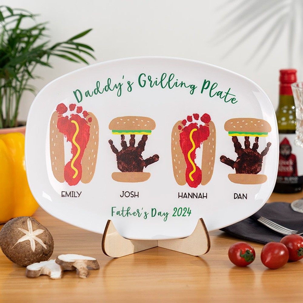 Personalized Burger Hot Dog Handprint Footprint Plate With Name For Father's Day