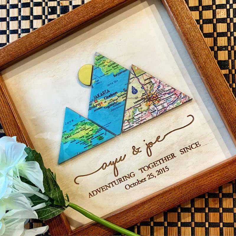 Personalized Mountain Adventure Travel Map Frame Unique Gift For Couple Valentine's Day Anniversary