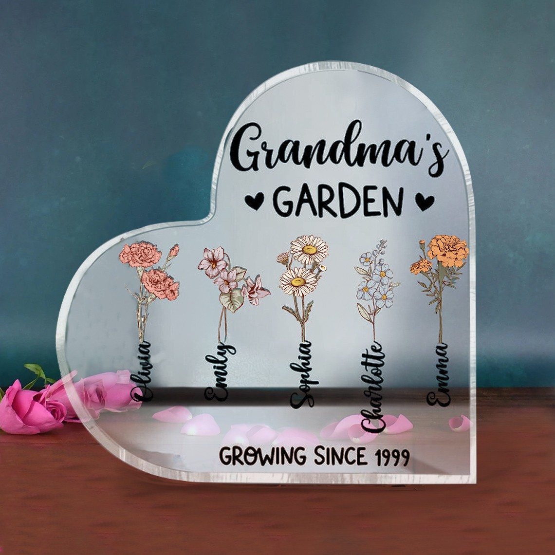 Personalized Grandma's Garden Birth Flower Heart Acrylic Plaque For Christmas Family Gifts