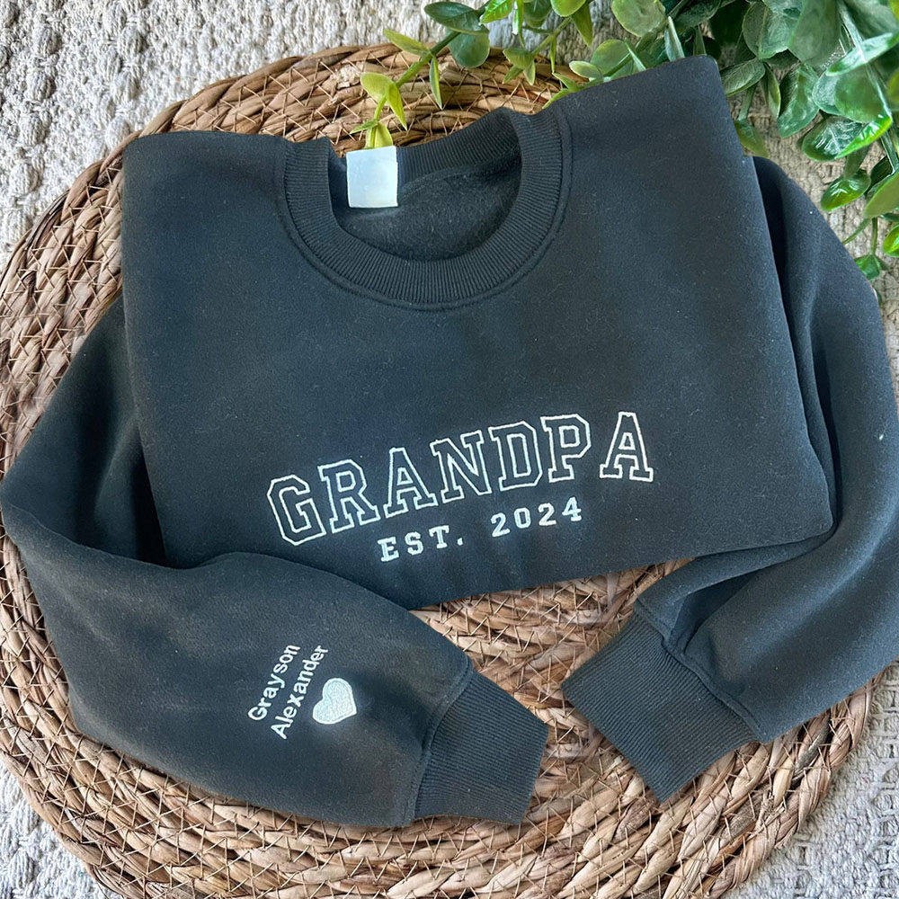 Custom Grandpa Embroidered Sweatshirt Hoodie With Kids Name On Sleeve For Father's Day Gift