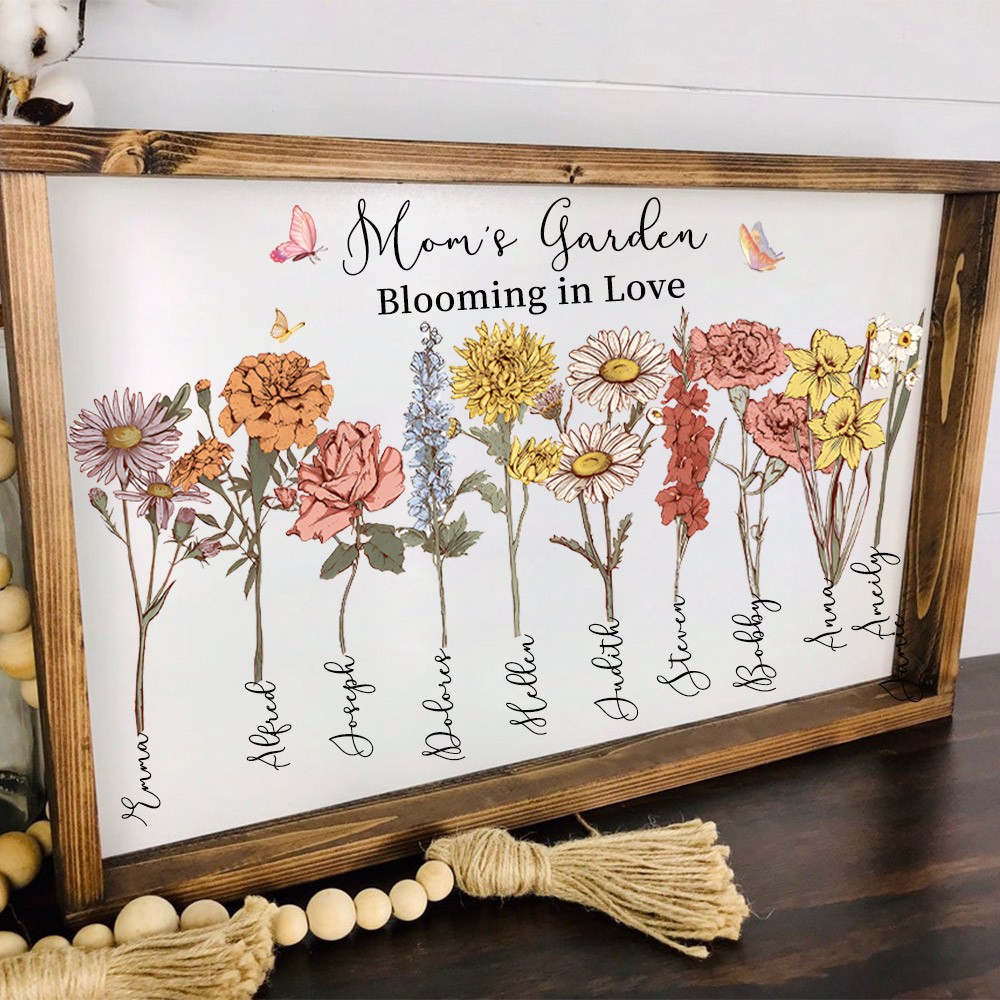 Personalized Mom's Garden Birth Month Flower Wooden Frame With Kids Name For Mom Grandma Mother's Day Gift