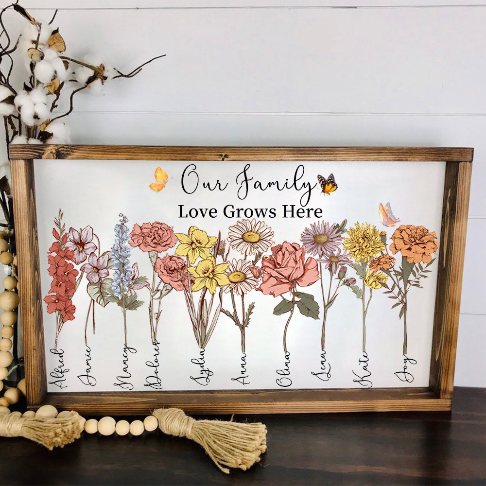 Personalized Our Family Birth Month Flower Wooden Frame With Kids Name For Mom Grandma Mother's Day Gift