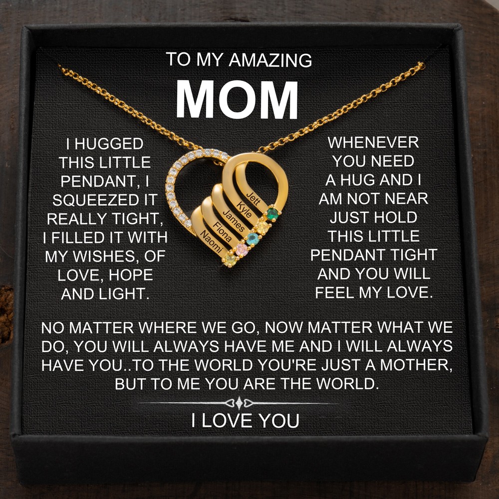 Personalized Heart Necklace with Names and Birthstones For Mom