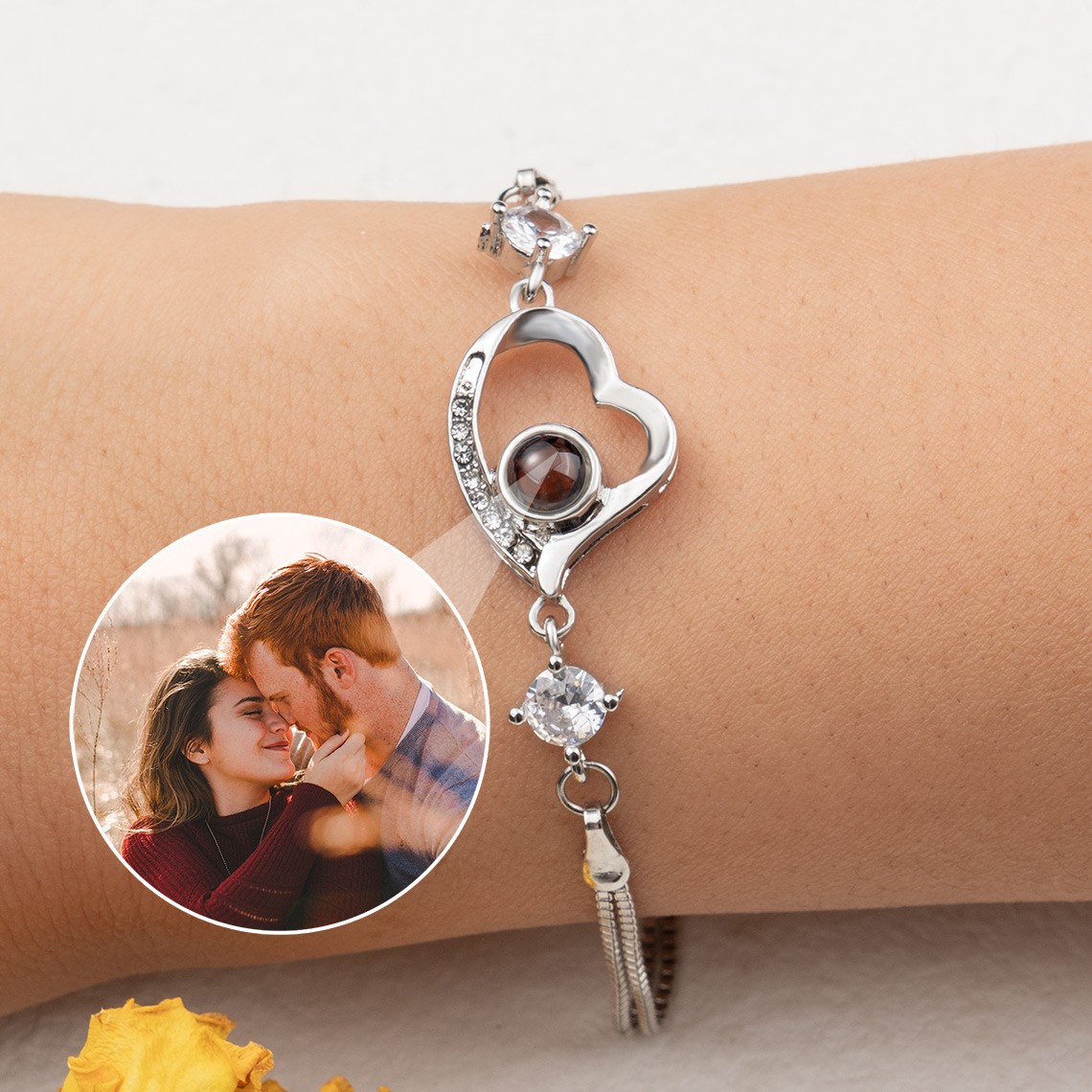 Personalized Heart Memorial Photo Projection Bracelet With Picture Inside For Couple