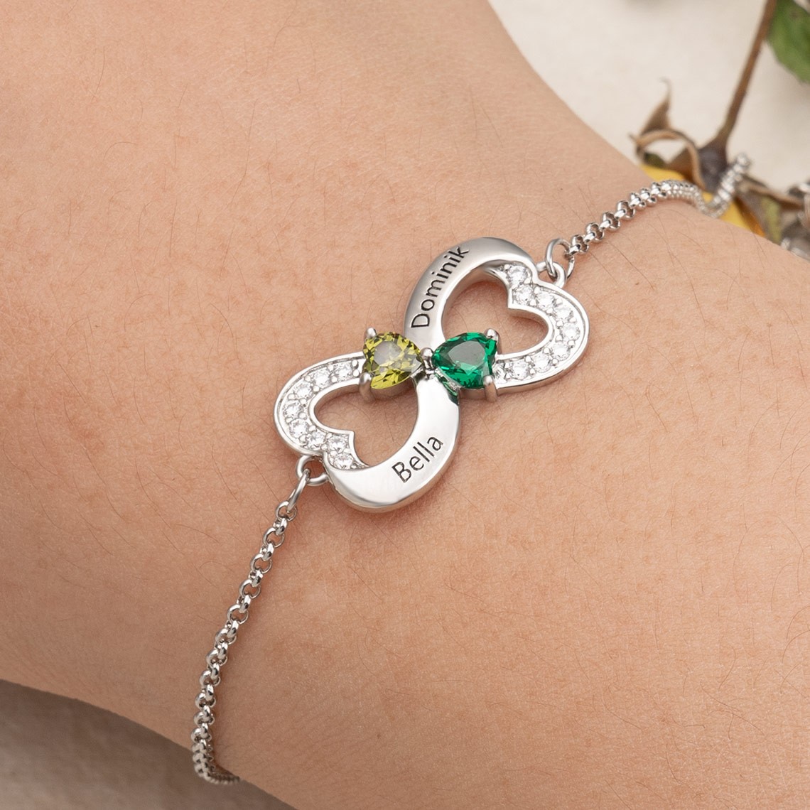 Custom Name Heart Bracelet With 2 Birthstones For Lovers Valentine's Day Gifts