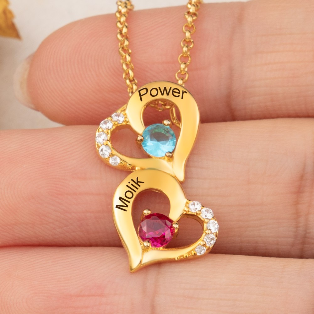 Personalized Lover's Birthstone Matching Necklace with 2 Heart Pendents Gifts For Her