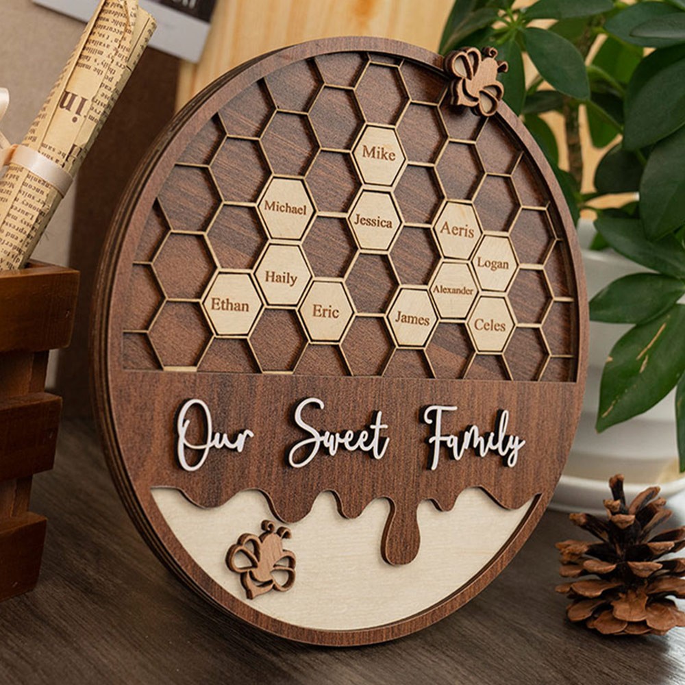 Custom Bee Hive Wood Sign Our Sweet Family For Grandma Mom Christmas Gift