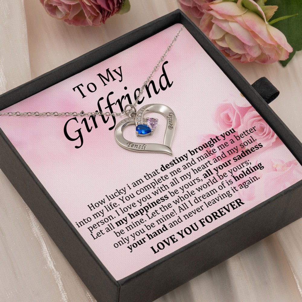 Personalized Heart Birthstone Necklace With Engraved Names For Girlfriend Gifts