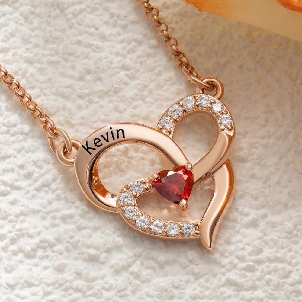 Personalized Double Heart Necklace With Her Name and Birthstone For Soulmate Valentine's Day