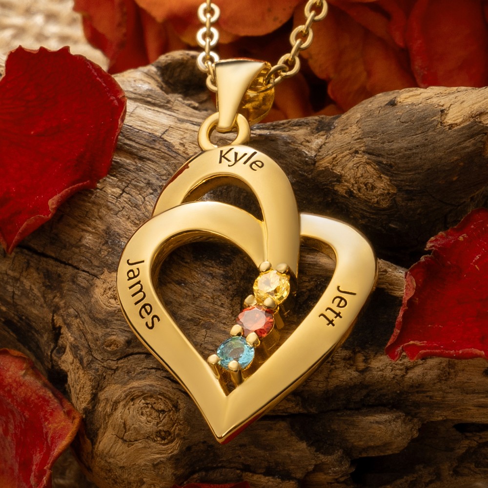 Personalized Heart Necklace with Names and Birthstones For Wife Mom Gift Ideas