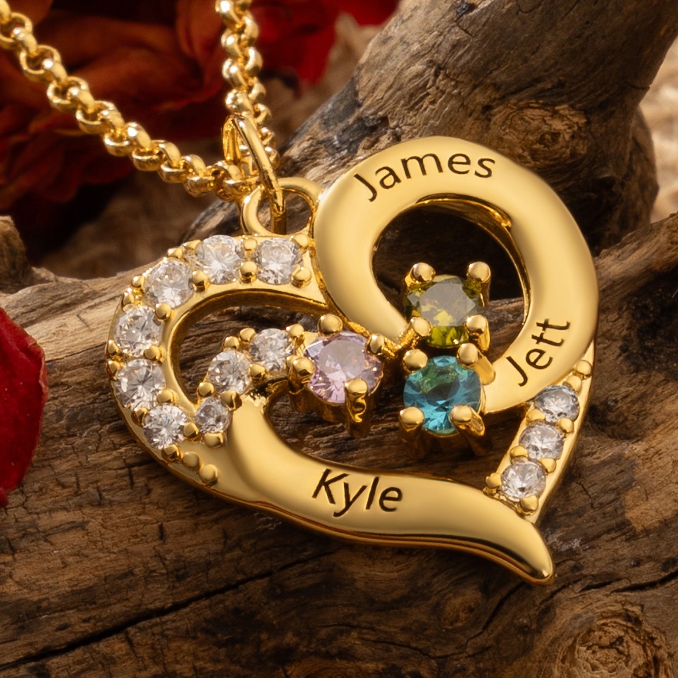 Personalized Heart Name Necklace with Birthstone For Mom Wife Mother's Day Gift