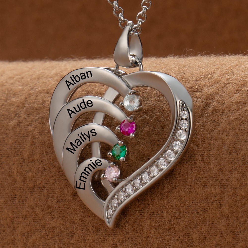 Custom Family Heart Name Necklace with Birthstones Mother's Day Gift