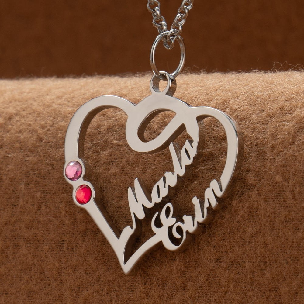 Personalized Heart Necklace with Birthstones and Names For Anniversary