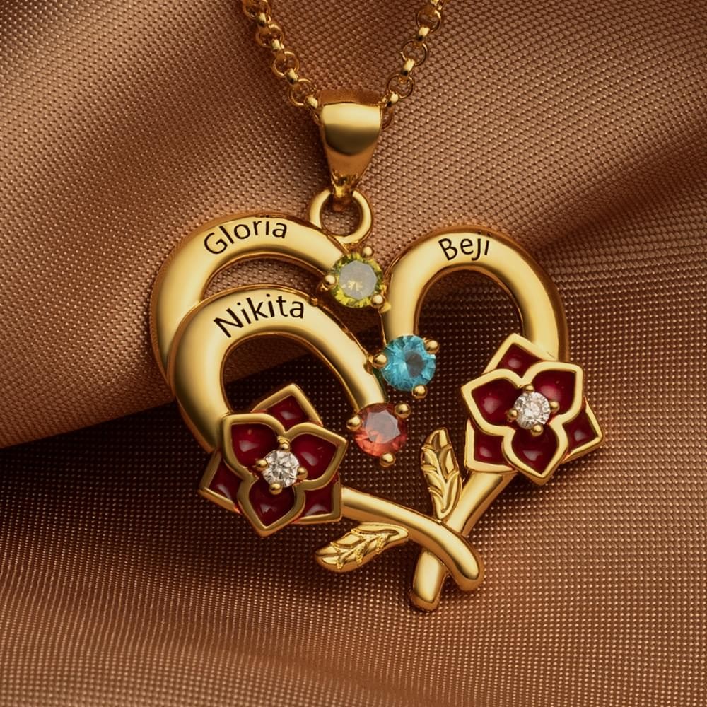 Custom Flower Heart Name Necklace with Birthstone For Mother's Day Gift