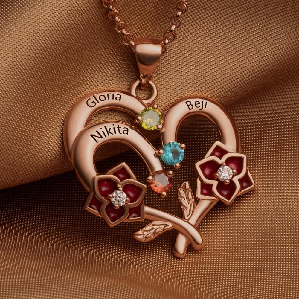 Custom Heart Necklaces With Names and Birthstones For Mother's Day Gift