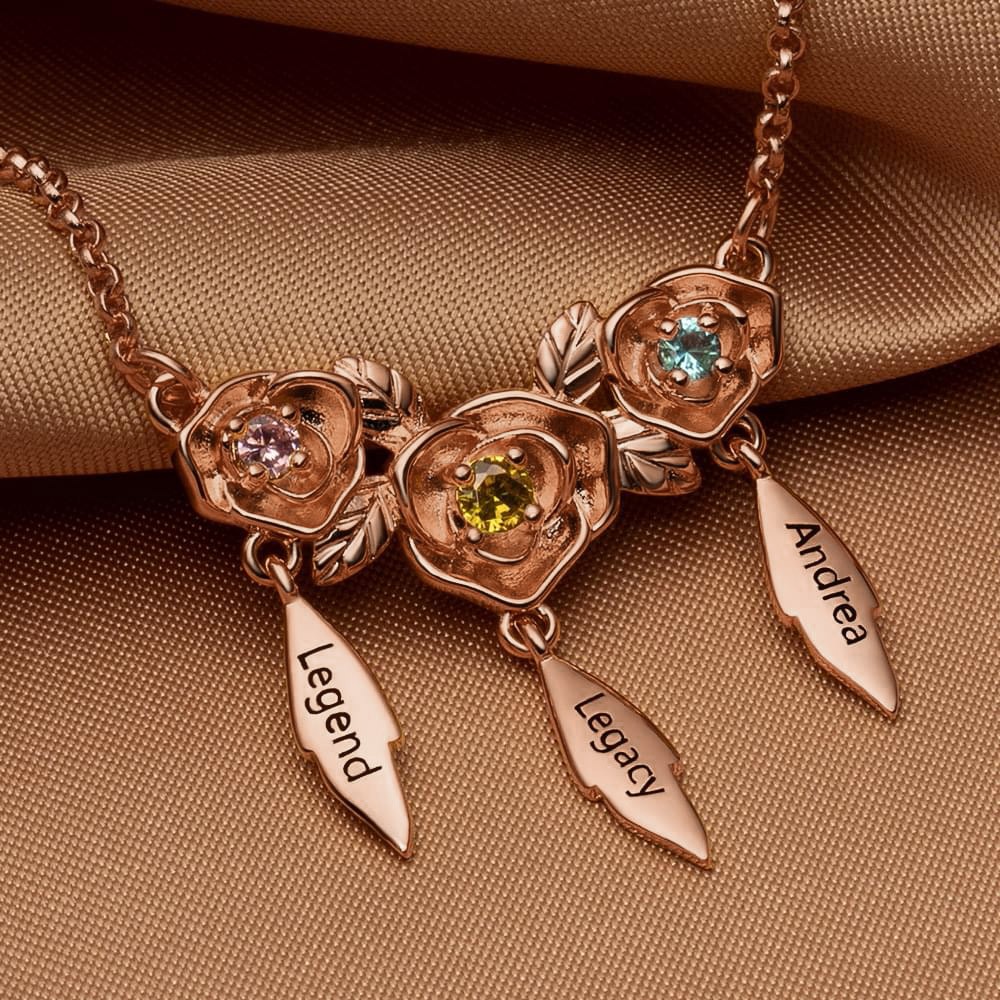 Custom Flower Necklaces With Names and Birthstones For Mother's Day Gift