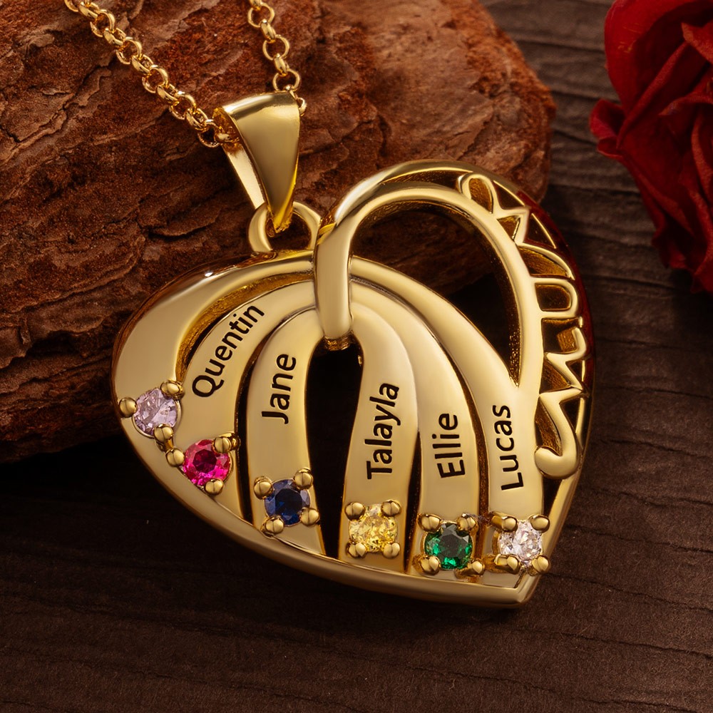 Personalized Heart Mom Necklace with Kids Names and Birthstone For Mother's Day