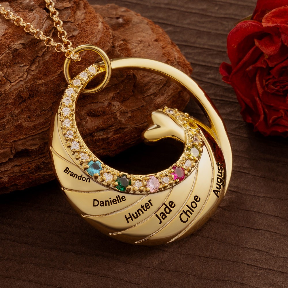 Personalized Circle Necklace with Names and Birthstones For Mom Mother's Day