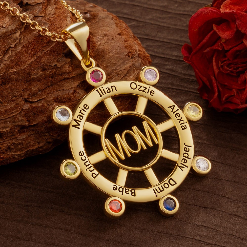 Personalized Compass Necklace with Kids Names and Birthstone For Mother's Day