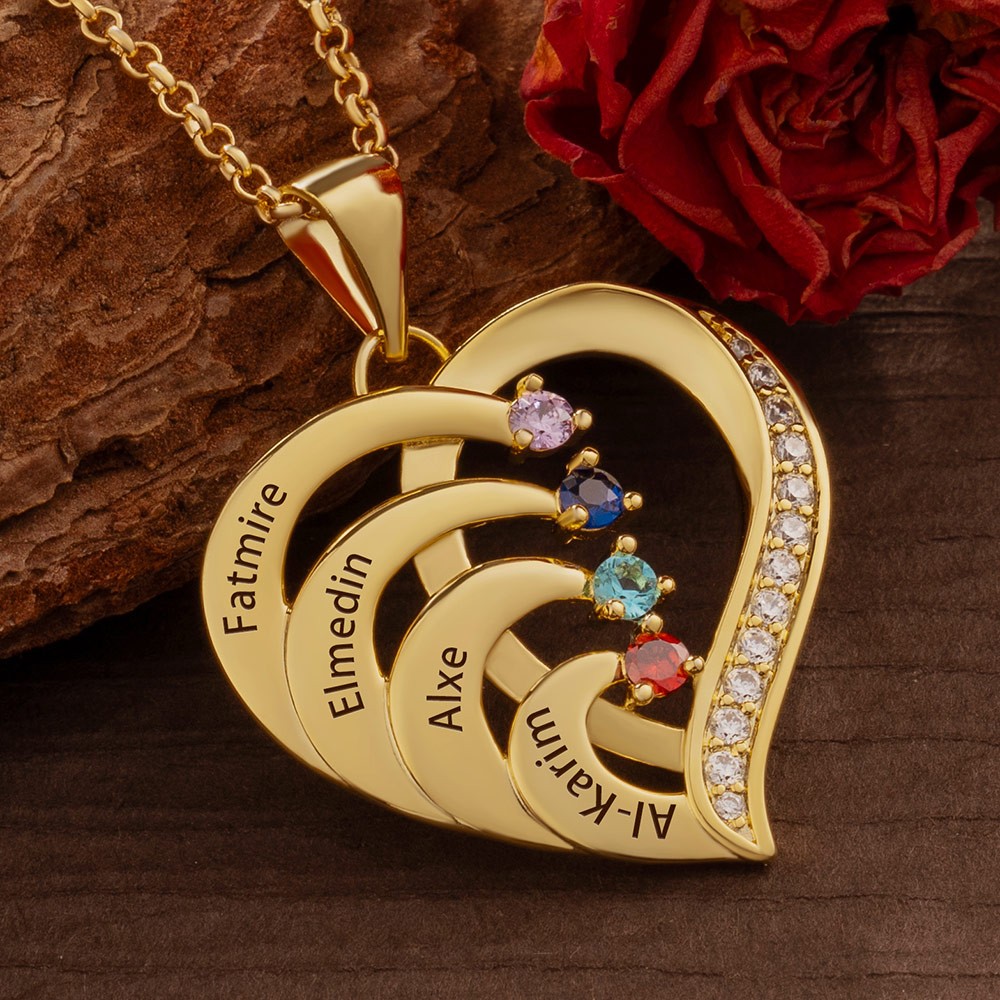 Personalized Heart Necklace with Names and Birthstones For Mom Mother's Day